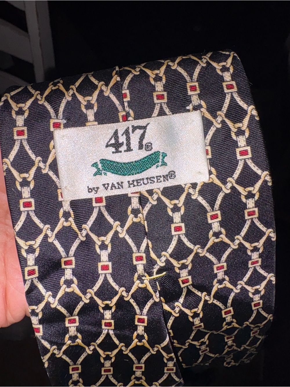 Van Heusen Black Tie with Gold Chain Pattern and Red Accents